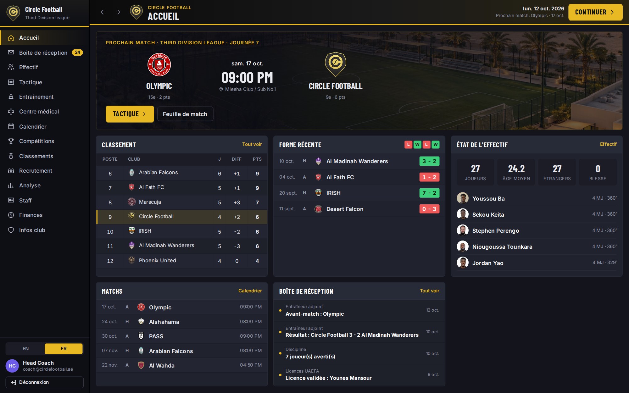 Tableau de bord du club : prochain match, classement, forme récente et état de l'effectif