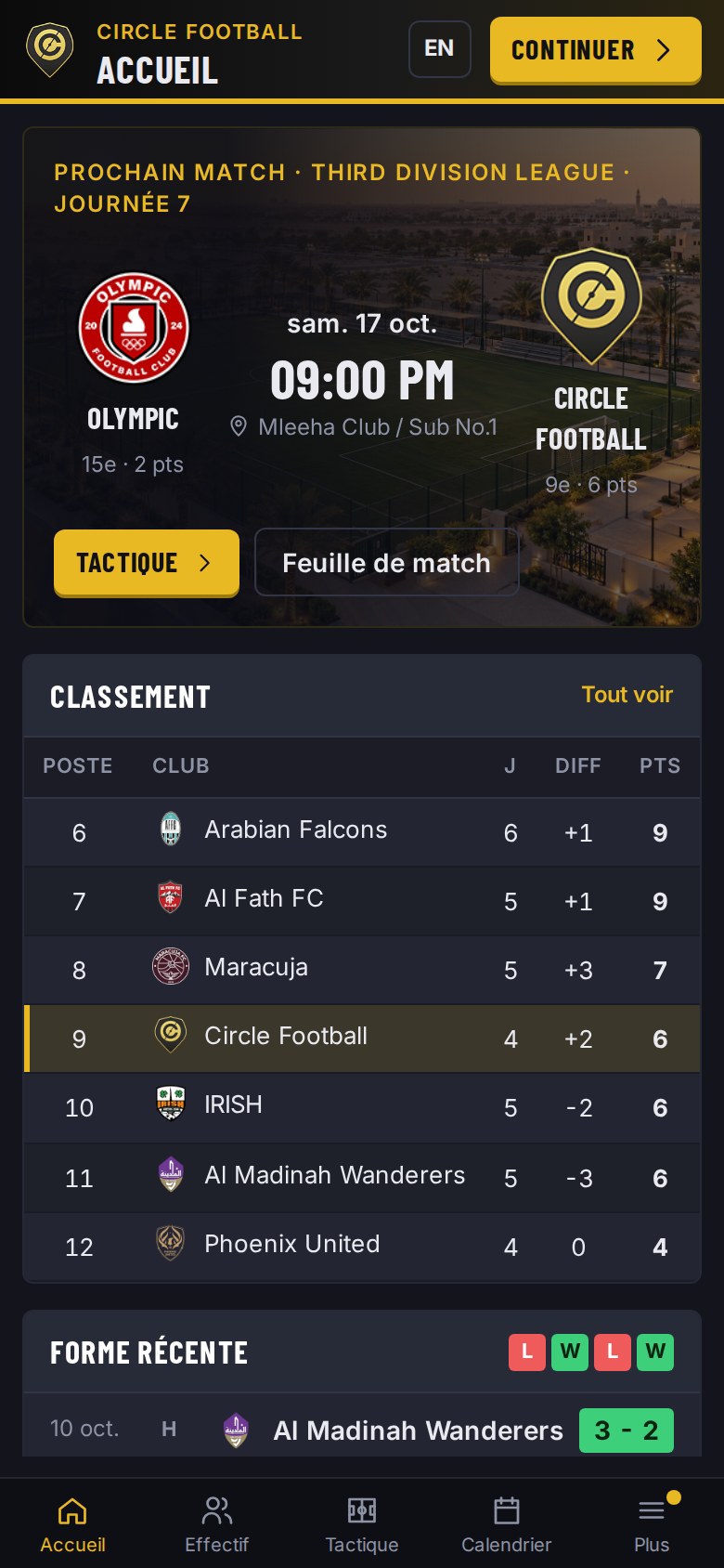 Accueil du club sur mobile